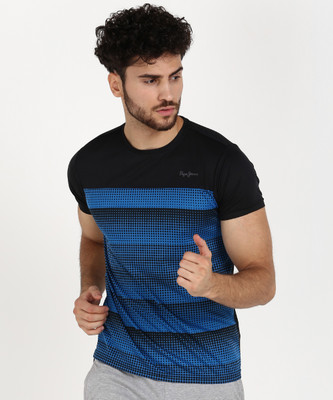 Pepe Jeans Geometric Print Men Round Neck Blue Black T-Shirt