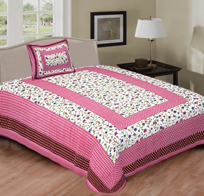 VIKANJALI FAB 104 TC Cotton Single Printed Flat Bedsheet(Pack of 1, Pink, white, blue)