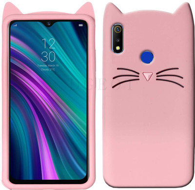 Dgeot Back Cover for Realme 3i (Diamond Red, 64 GB) (4 GB RAM)(Cute 3D Smile Cat Ear Kitty Shockproof Silicone Case ♥Pink♥, Dual Protection)