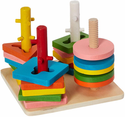 CrazyBuy Wooden Column Shapes Stacking Toys Geometric Sorting Building Blocks(Multicolor)