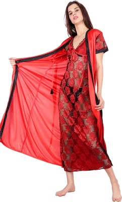 ABACADA'S GAJAB Women Nighty with Robe(Red, Black)