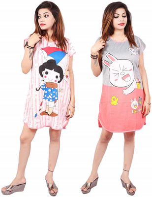 FRANKOPOLIS Women Nighty(Grey, Pink)