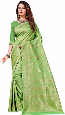 manvaa Self Design Banarasi Silk Blend Saree(Green)