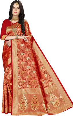 manvaa Self Design Kanjivaram Silk Blend Saree(Red)