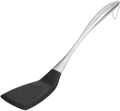 P-PLUS INTERNATIONAL Flexible Silicone Soft Edge STEEL PLAIN SLOTTED BLACK Non-Stick Spatula(Pack of 1)