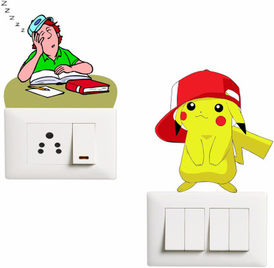 SUDARSHAN DESIGNS 10 cm Switch Board Sticker - Decorative Lazy Man and a Pikachu Wall Decorative - Switch Panel Stickers Wall Sticker Set of 2 - Light Switch Sticker Self Adhesive Sticker(Pack of 1)