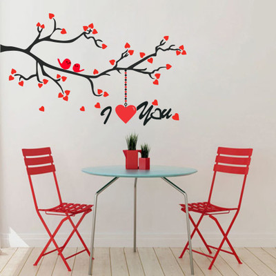Stickerberry 55 cm Loving Birds onTree Branch Wall Art Decor Decal I Love you with all my heart Self Adhesive Sticker(Pack of 1)