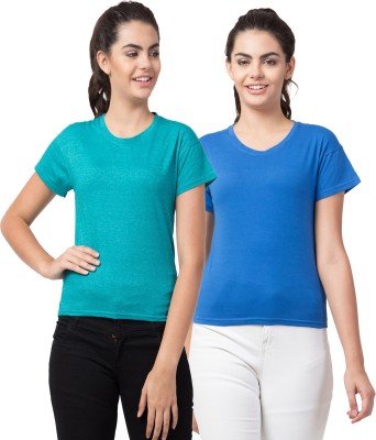 Bluecon Self Design, Solid Women Round Neck Green, Blue T-Shirt