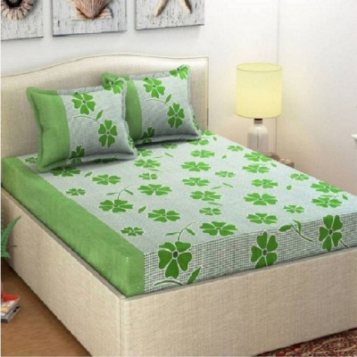 Panipat Textile Hub 140 TC Microfiber Double 3D Printed Fitted & Flat Bedsheet(Pack of 1, Green)