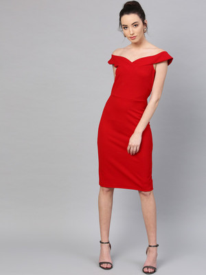 ATHENA Women Sheath Red Knee Length Dress