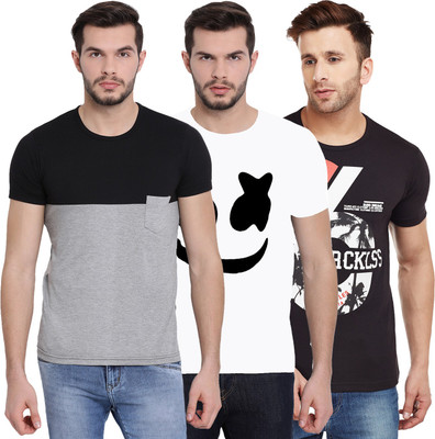 VIMAL JONNEY Printed, Color Block Men Round Neck White, Black, Grey T-Shirt(Pack of 3)