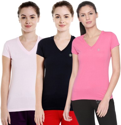 BODYACTIVE Solid Women V Neck Pink, Black T-Shirt