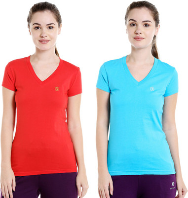 BODYACTIVE Solid Women V Neck Red, Blue T-Shirt