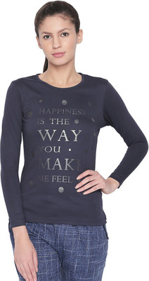 BODYACTIVE Printed Women Round Neck Dark Blue T-Shirt