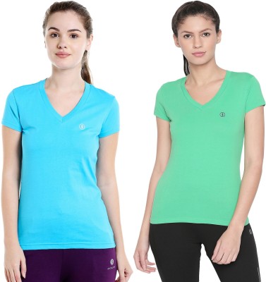 BODYACTIVE Solid Women V Neck Green, Blue T-Shirt