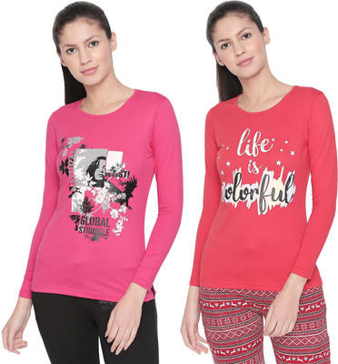 BODYACTIVE Printed Women Round Neck Red, Pink T-Shirt