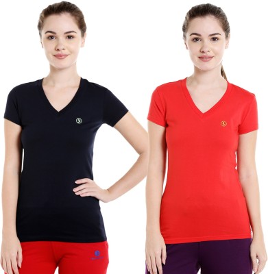 BODYACTIVE Solid Women V Neck Red, Blue T-Shirt