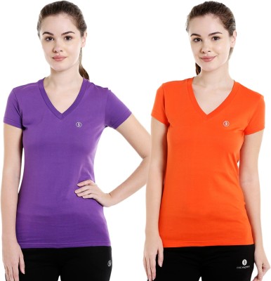 BODYACTIVE Solid Women V Neck Purple, Orange T-Shirt