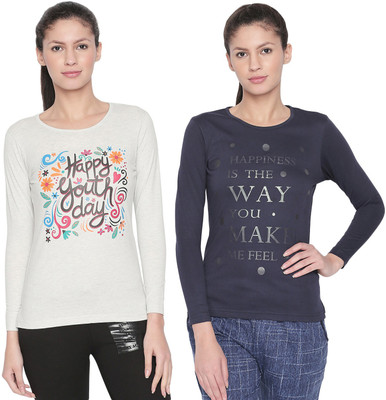 BODYACTIVE Printed Women Round Neck Dark Blue, Grey T-Shirt