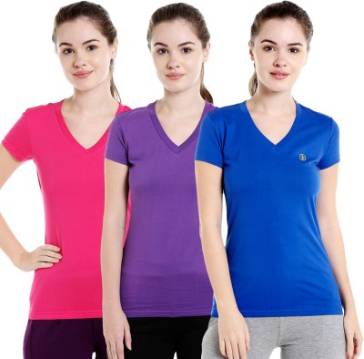 BODYACTIVE Solid Women V Neck Purple, Blue, Pink T-Shirt