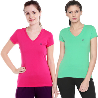 BODYACTIVE Solid Women V Neck Green, Pink T-Shirt