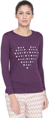 BODYACTIVE Printed Women Round Neck Purple T-Shirt