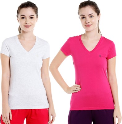 BODYACTIVE Solid Women V Neck Pink, Grey T-Shirt