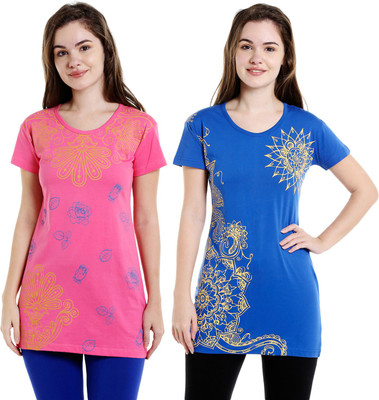 BODYACTIVE Printed Women Round Neck Blue, Pink T-Shirt