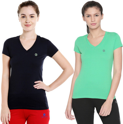 BODYACTIVE Solid Women V Neck Green, Blue T-Shirt
