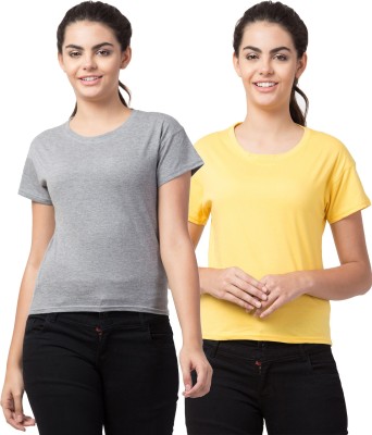 Bluecon Self Design, Solid Women Round Neck Grey, Yellow T-Shirt