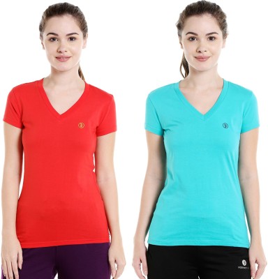 BODYACTIVE Solid Women V Neck Red, Green T-Shirt