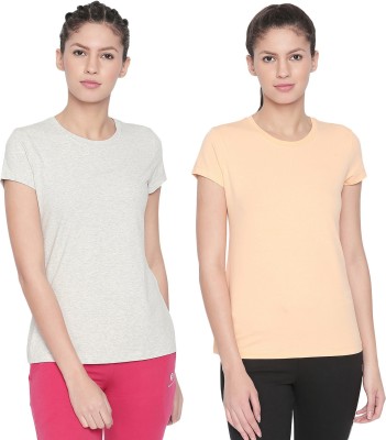 BODYACTIVE Solid Women Round Neck Grey, Beige T-Shirt