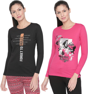 BODYACTIVE Printed Women Round Neck Pink, Black T-Shirt