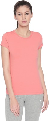 BODYACTIVE Solid Women Round Neck Pink T-Shirt