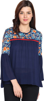 Delux Look Casual 3/4 Sleeve Embroidered Women Blue Top