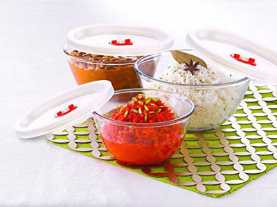 BOROSIL Borosilicate Glass Storage Bowl 3pc Mixing bowl W lid 0.5+0.9+1.3(Pack of 3, Clear)