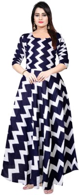 Khushi Print Women Gown Blue, White Dress