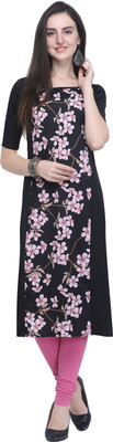 Khodal Fashion Women Floral Print Straight Kurta(Black)