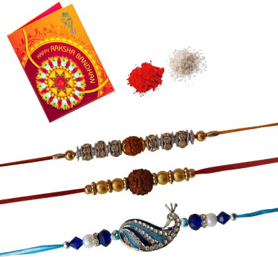 STYLE BADGE Designer Metal Stone Rakhi Rakshabandhan Combo Of Rakhi Set 6 For Brother With Greeting Card Roli Chawal (Rakhi-BD-BE-SC) Assorted Chawal Roli Pack, Rakhi, Greeting Card  Set(1Roli, 3 Rakhi, 1Greeting Card, 1Chawal)