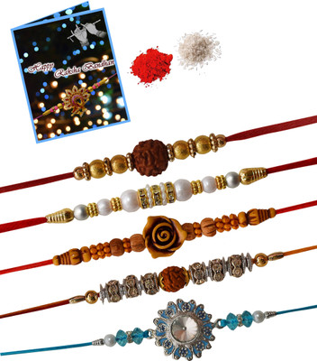 TR Thread BC-BD-BE-BF-SG Assorted Rakhi  Set(1 Greeting Card And Roli Chawal, 5 Rakhi)