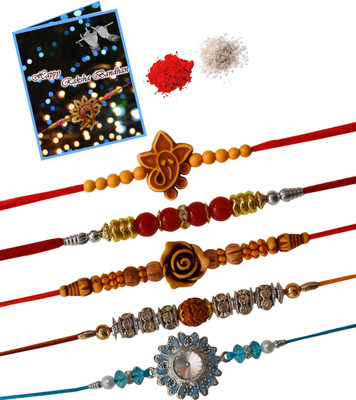TR Thread BA-BB-BC-BD-SG Assorted Rakhi  Set(1 Greeting Card And Roli Chawal, 5 Rakhi)