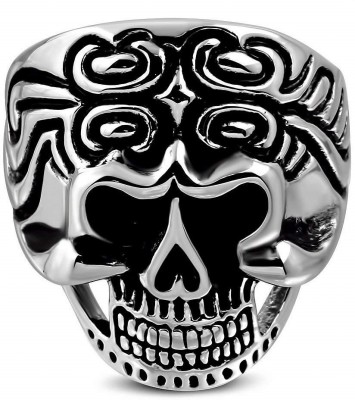 Via Mazzini 2-Tone Vintage Gothic Grinning Ghost Skull Biker Ring (US Size - 10) - Ring0580 Stainless Steel Platinum Plated Ring