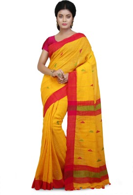 Mystory Printed Handloom Cotton Linen Saree(Yellow)