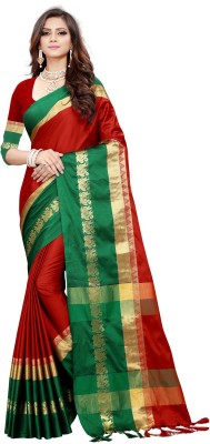 Disha Trends Solid/Plain Bollywood Cotton Silk Saree(Red, Green)