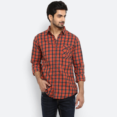 Mufti Men Checkered Casual Orange Shirt