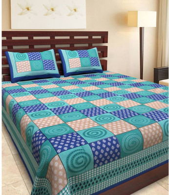 Rangun 120 TC Cotton Double Geometric Flat Bedsheet(Pack of 1, Blue)