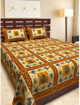 Rangun 120 TC Cotton Double Printed Flat Bedsheet(Pack of 3, Yellow)
