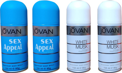 Jovan 2 APPEAL AND 2 WHITE MUSK (PACK OF 4) Deodorant Spray  -  For Men(600 ml, Pack of 4)
