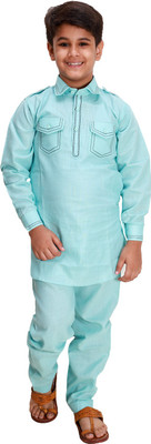 Fourfolds Boys Casual Kurta and Pyjama Set(Blue Pack of 1)