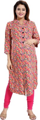 mamma's maternity Women Printed Straight Kurta(Orange)